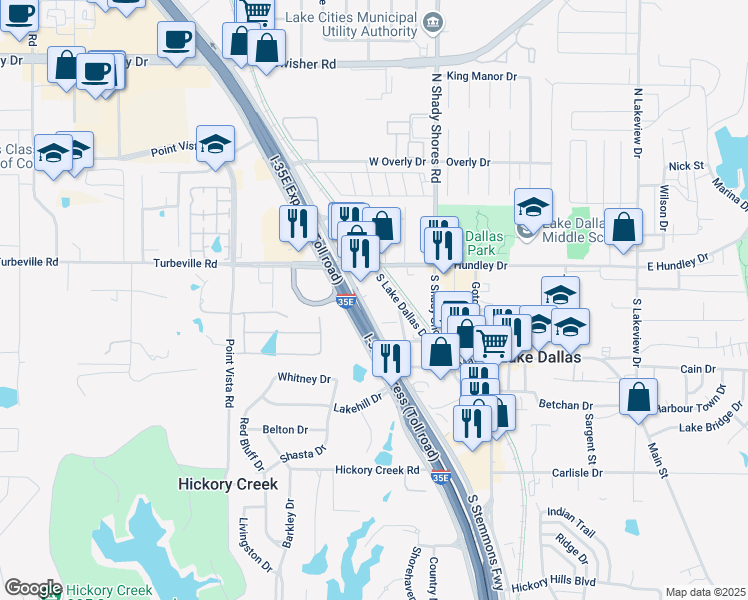 map of restaurants, bars, coffee shops, grocery stores, and more near 111 South Lake Dallas Drive in Lake Dallas