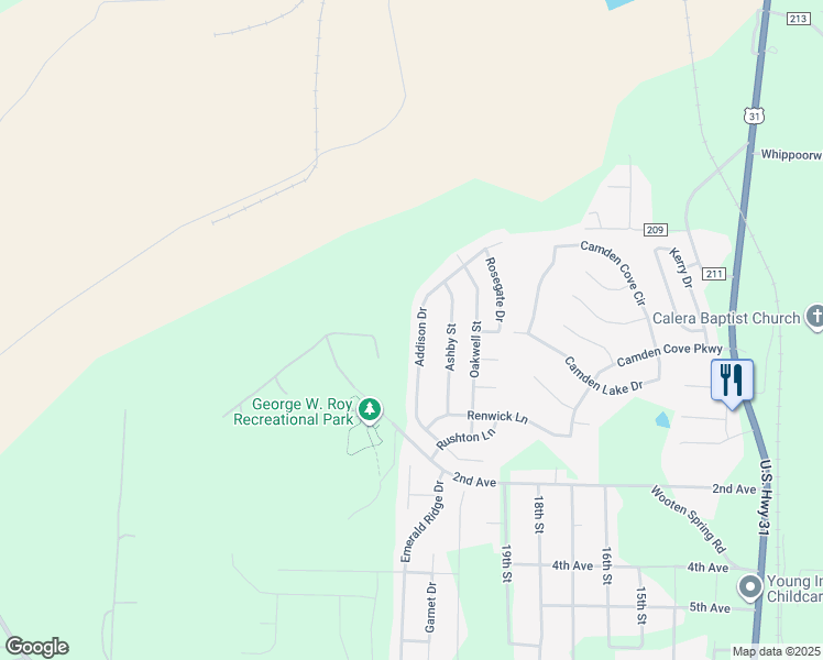 map of restaurants, bars, coffee shops, grocery stores, and more near 233 Addison Drive in Calera