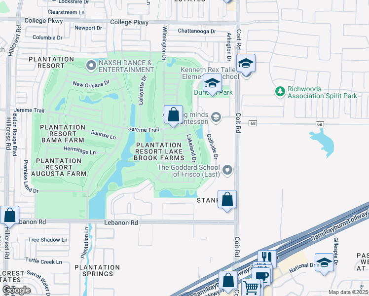 map of restaurants, bars, coffee shops, grocery stores, and more near 12104 Primrose Lane in Frisco