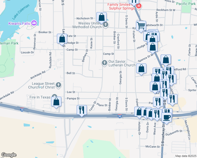 map of restaurants, bars, coffee shops, grocery stores, and more near 1 Bell Street in Sulphur Springs