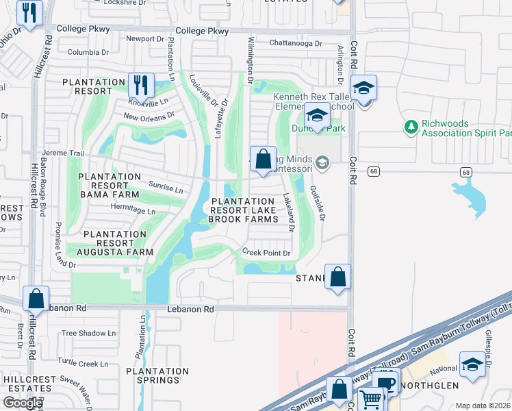 map of restaurants, bars, coffee shops, grocery stores, and more near 11912 Primrose Lane in Frisco