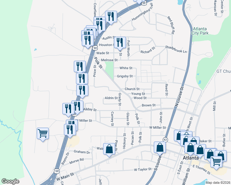 map of restaurants, bars, coffee shops, grocery stores, and more near 505 Church Street in Atlanta