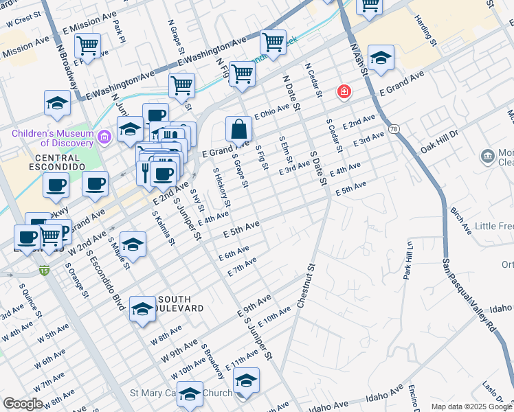 map of restaurants, bars, coffee shops, grocery stores, and more near 552 East 4th Avenue in Escondido