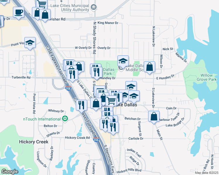 map of restaurants, bars, coffee shops, grocery stores, and more near 112 Gotcher Avenue in Lake Dallas