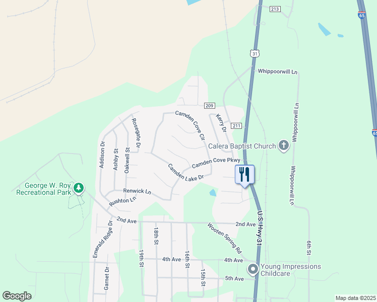 map of restaurants, bars, coffee shops, grocery stores, and more near 153 Flagstone Lane in Calera