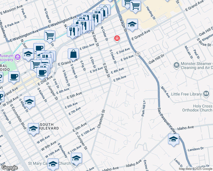 map of restaurants, bars, coffee shops, grocery stores, and more near 829 East 5th Avenue in Escondido