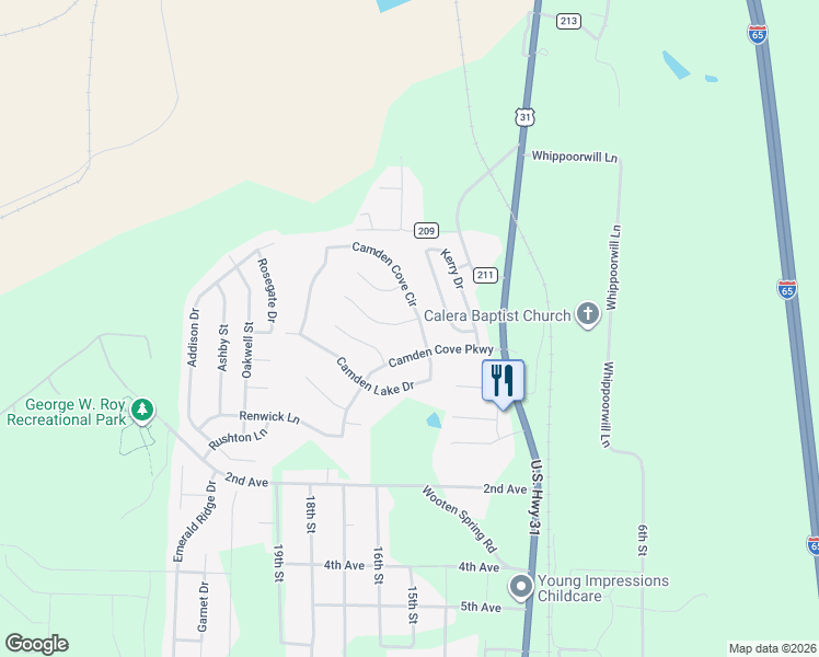 map of restaurants, bars, coffee shops, grocery stores, and more near 111 Flagstone Lane in Calera