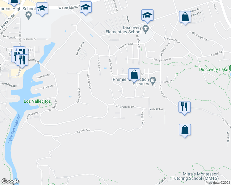 map of restaurants, bars, coffee shops, grocery stores, and more near 1161 Sunrise Way in San Marcos