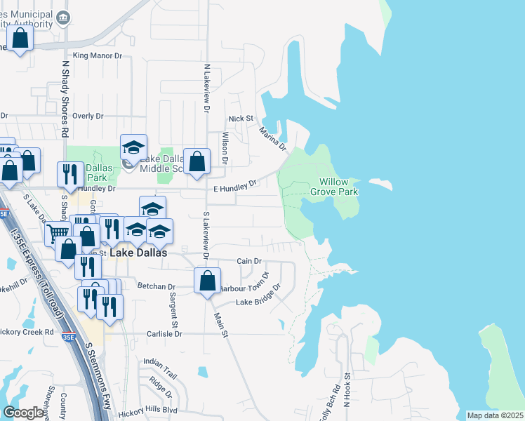 map of restaurants, bars, coffee shops, grocery stores, and more near 716 Glen Rhea Drive in Lake Dallas
