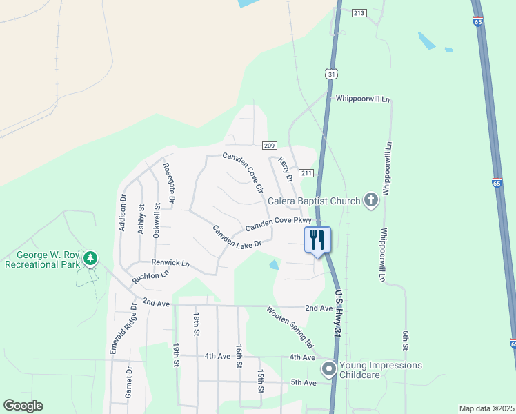 map of restaurants, bars, coffee shops, grocery stores, and more near 107 Flagstone Lane in Calera