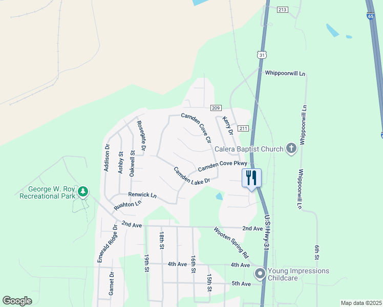 map of restaurants, bars, coffee shops, grocery stores, and more near 145 Flagstone Lane in Calera