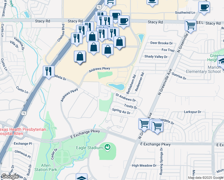map of restaurants, bars, coffee shops, grocery stores, and more near 409 Saint Andrews Drive in Allen
