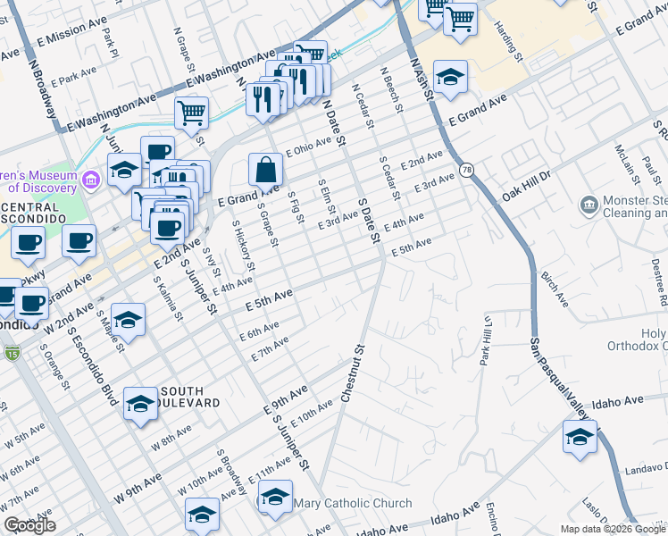 map of restaurants, bars, coffee shops, grocery stores, and more near 738 East 5th Avenue in Escondido