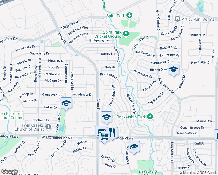 map of restaurants, bars, coffee shops, grocery stores, and more near 1414 Luckenbach Drive in Allen