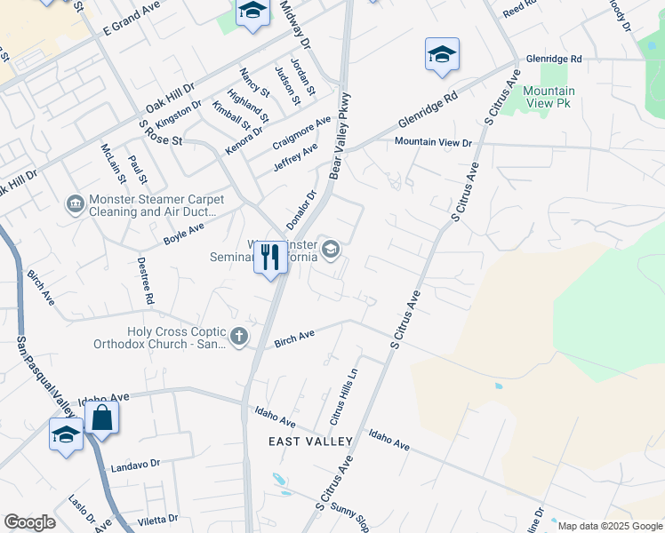 map of restaurants, bars, coffee shops, grocery stores, and more near 1725 Bear Valley Parkway in Escondido