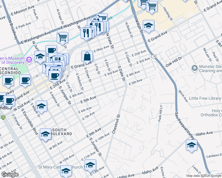 map of restaurants, bars, coffee shops, grocery stores, and more near 740 East 5th Avenue in Escondido