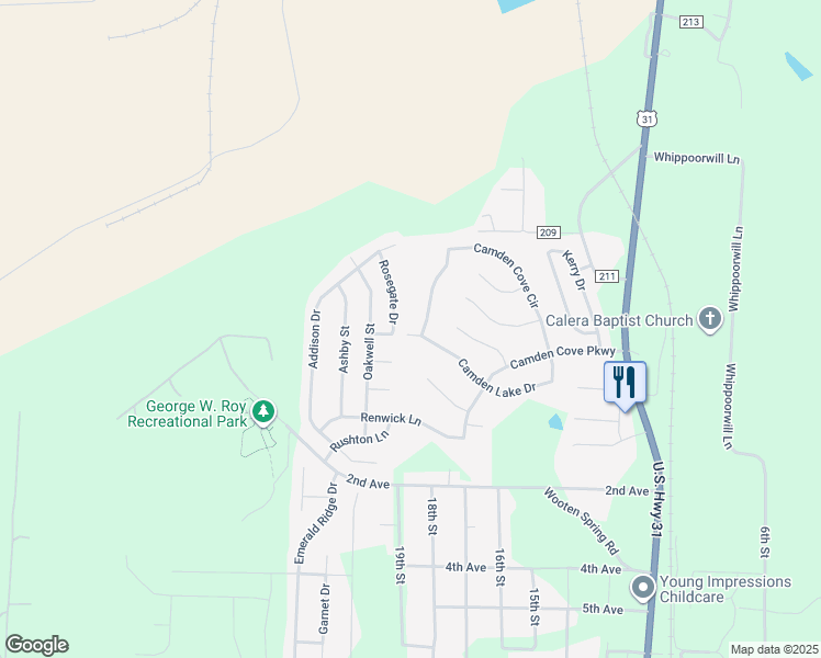map of restaurants, bars, coffee shops, grocery stores, and more near 260 Camden Lake Drive in Calera