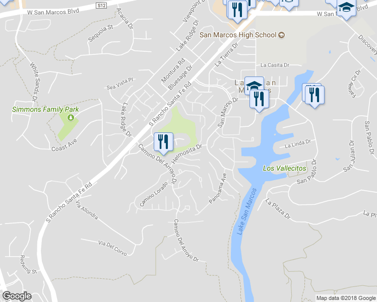 map of restaurants, bars, coffee shops, grocery stores, and more near 1572 Via Portofino in San Marcos
