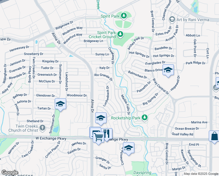 map of restaurants, bars, coffee shops, grocery stores, and more near 1414 Luckenbach Drive in Allen