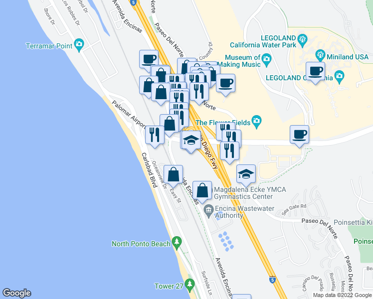 map of restaurants, bars, coffee shops, grocery stores, and more near 701 Palomar Airport Road in Carlsbad
