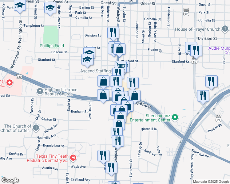 map of restaurants, bars, coffee shops, grocery stores, and more near 4902 Wesley Street in Greenville