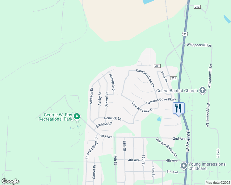 map of restaurants, bars, coffee shops, grocery stores, and more near 145 Rosegate Drive in Calera