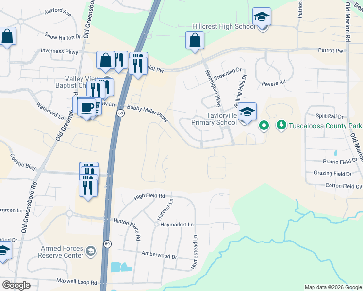 map of restaurants, bars, coffee shops, grocery stores, and more near Bobby Miller Pkwy in Tuscaloosa