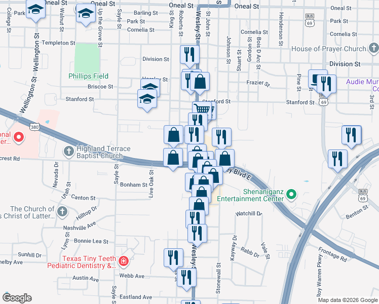 map of restaurants, bars, coffee shops, grocery stores, and more near 4902 Wesley Street in Greenville
