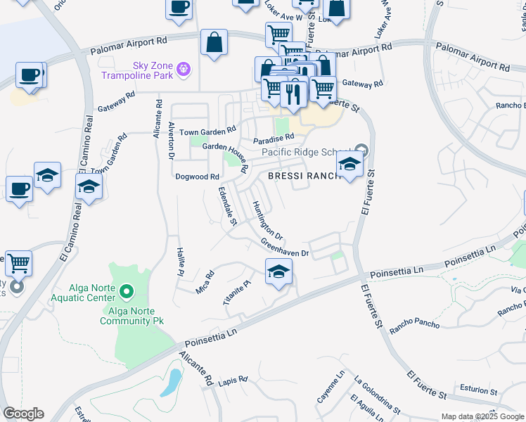map of restaurants, bars, coffee shops, grocery stores, and more near 6338 Huntington Drive in Carlsbad