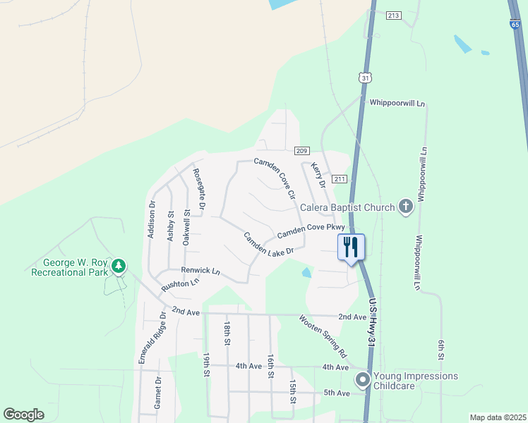 map of restaurants, bars, coffee shops, grocery stores, and more near 153 Flagstone Lane in Calera