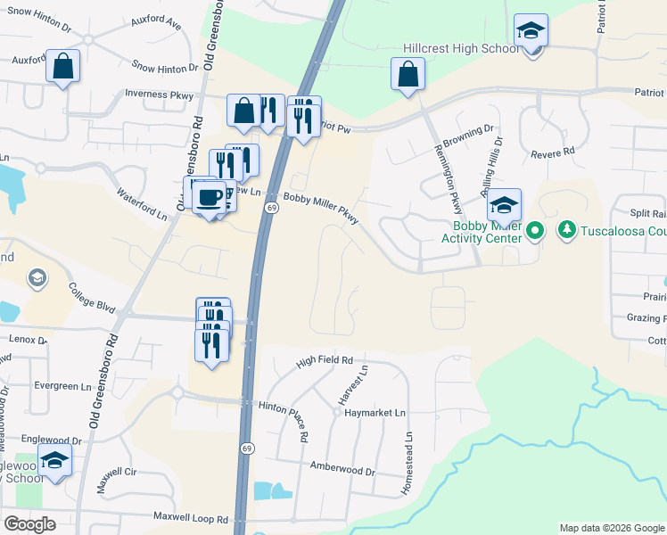 map of restaurants, bars, coffee shops, grocery stores, and more near 599 Camille Lane in Tuscaloosa