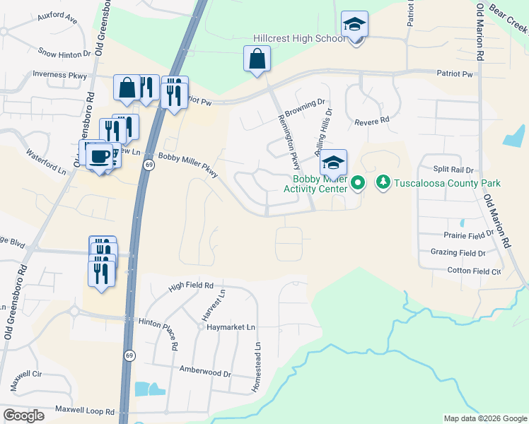 map of restaurants, bars, coffee shops, grocery stores, and more near 9300 Carolyn Way in Tuscaloosa
