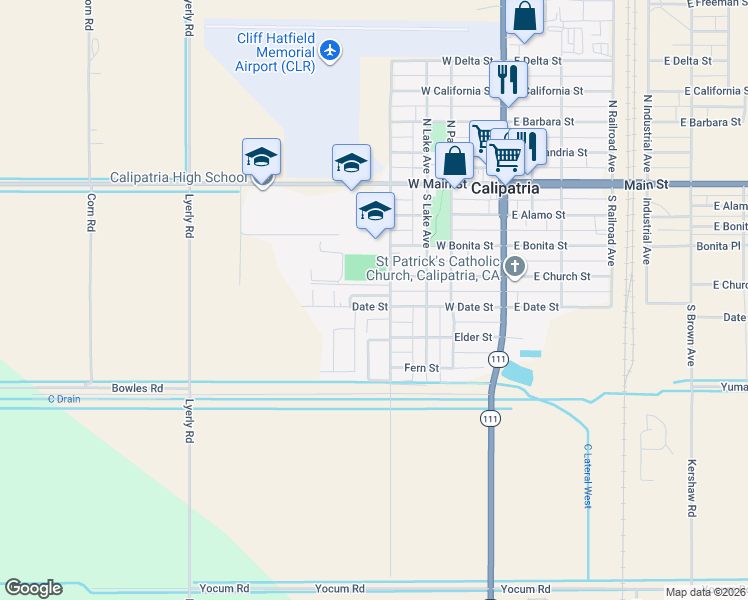 map of restaurants, bars, coffee shops, grocery stores, and more near 410 West Date Street in Calipatria