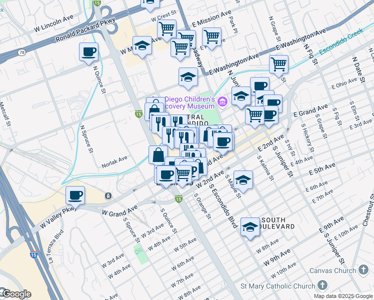 map of restaurants, bars, coffee shops, grocery stores, and more near 310 West Valley Parkway in Escondido