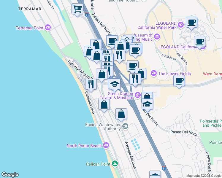 map of restaurants, bars, coffee shops, grocery stores, and more near 701 Palomar Airport Road in Carlsbad