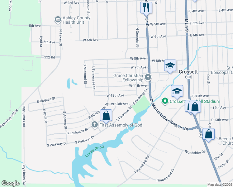 map of restaurants, bars, coffee shops, grocery stores, and more near 704 West 12th Avenue in Crossett