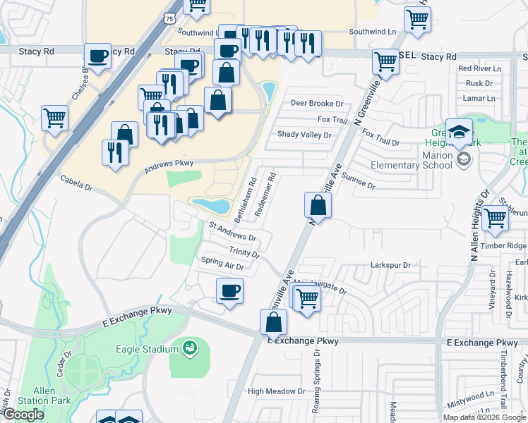 map of restaurants, bars, coffee shops, grocery stores, and more near 1512 Redeemer Road in Allen