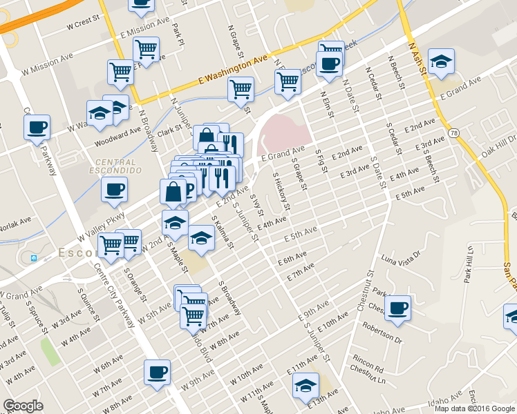 map of restaurants, bars, coffee shops, grocery stores, and more near 307 South Ivy Street in Escondido