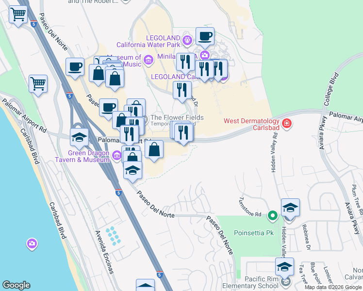 map of restaurants, bars, coffee shops, grocery stores, and more near 965 Palomar Airport Road in Carlsbad
