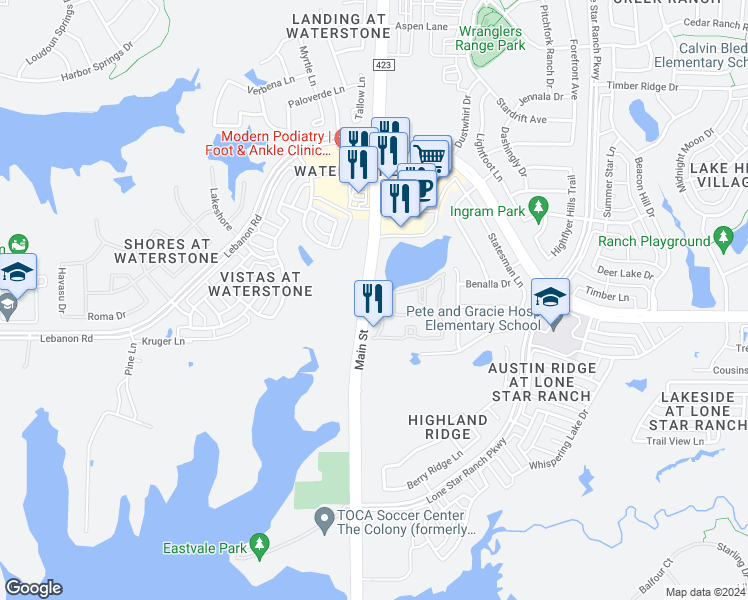 map of restaurants, bars, coffee shops, grocery stores, and more near 5050 Farm to Market Road 423 in Frisco