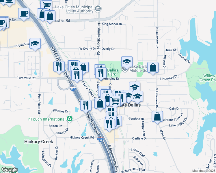 map of restaurants, bars, coffee shops, grocery stores, and more near 109 Gotcher Avenue in Lake Dallas