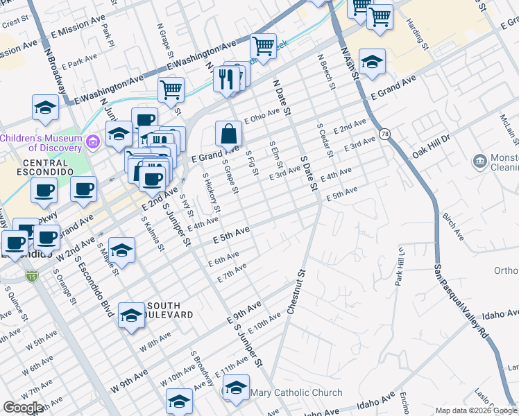 map of restaurants, bars, coffee shops, grocery stores, and more near 639 East 4th Avenue in Escondido