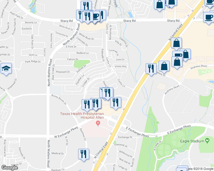 map of restaurants, bars, coffee shops, grocery stores, and more near 720 Birdie Drive in Allen