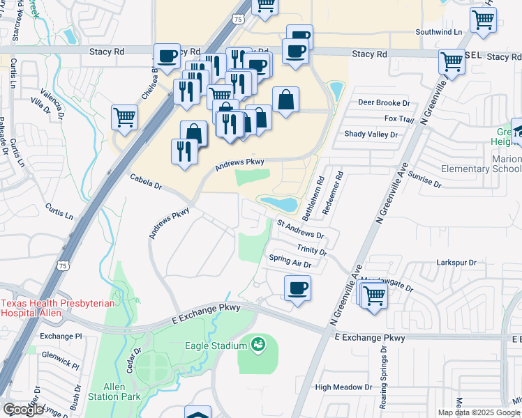 map of restaurants, bars, coffee shops, grocery stores, and more near 409 Saint Andrews Drive in Allen