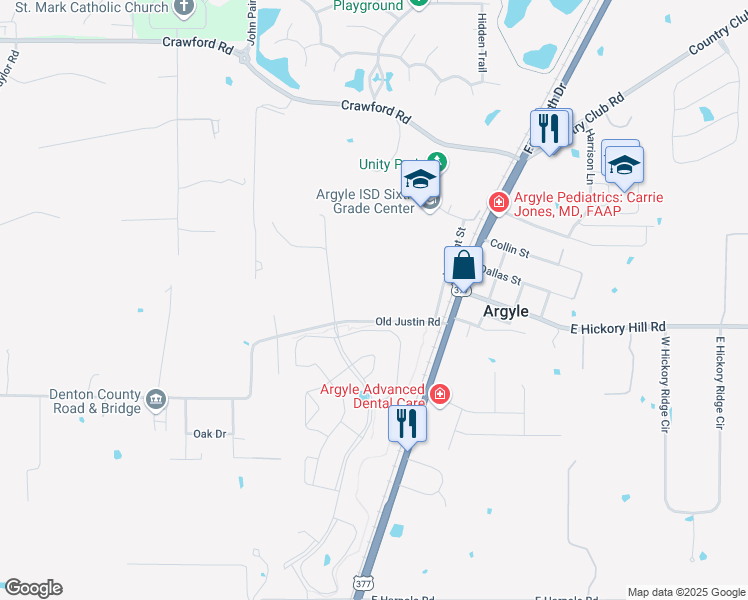 map of restaurants, bars, coffee shops, grocery stores, and more near 134 Old Justin Road in Argyle