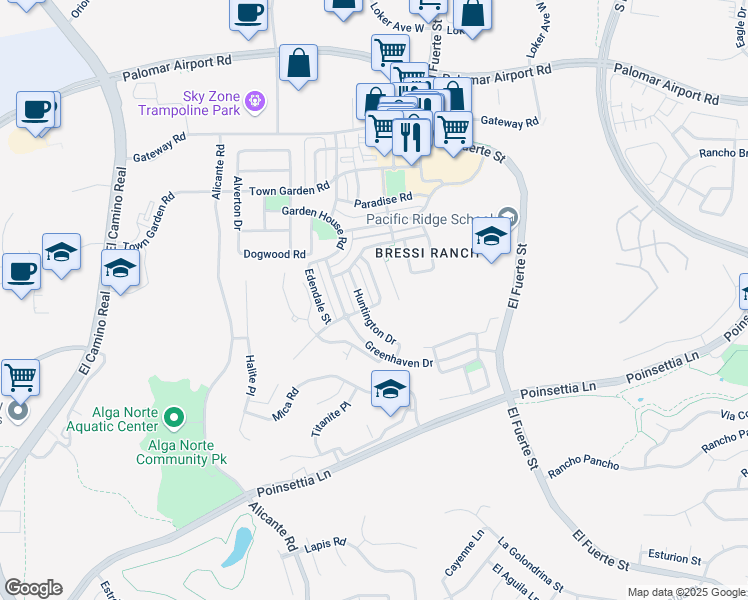 map of restaurants, bars, coffee shops, grocery stores, and more near 6343 Heritage Drive in Carlsbad
