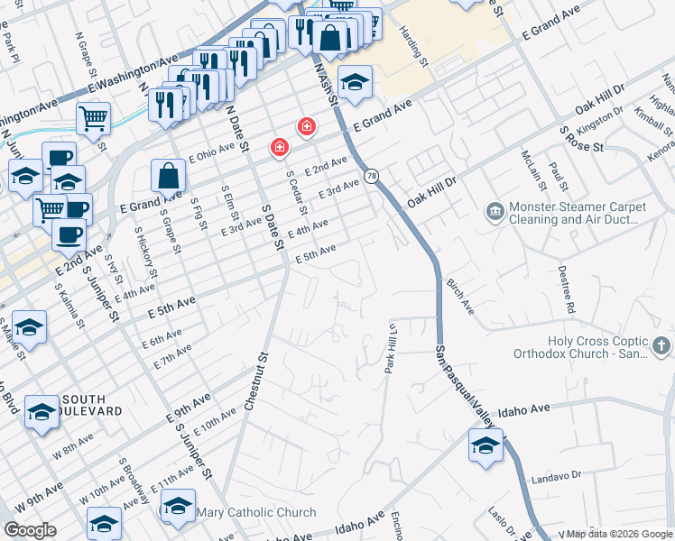 map of restaurants, bars, coffee shops, grocery stores, and more near 1013 Circle Drive in Escondido