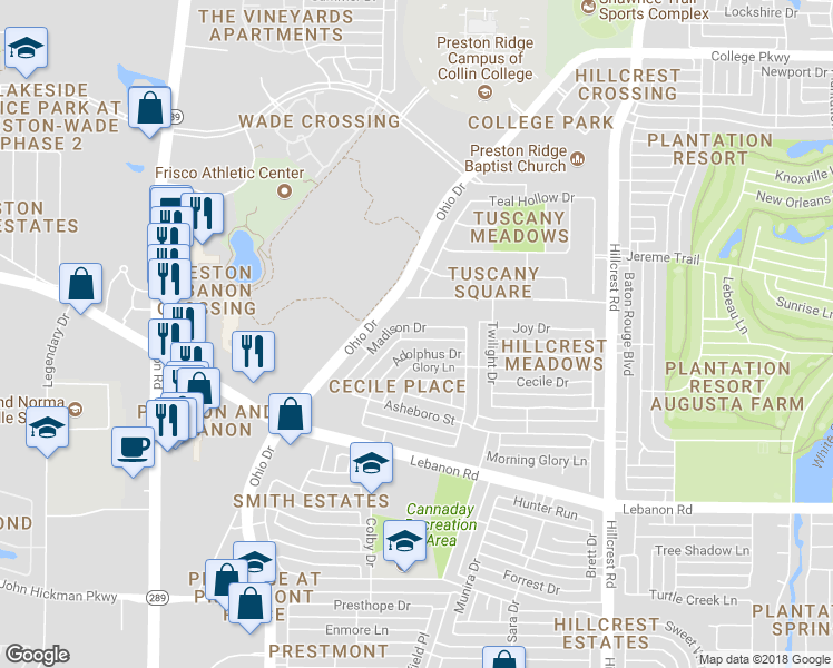 map of restaurants, bars, coffee shops, grocery stores, and more near 9805 Madison Drive in Frisco