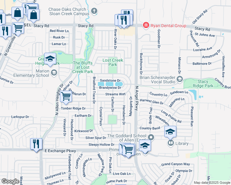 map of restaurants, bars, coffee shops, grocery stores, and more near 1535 Streams Way in Allen