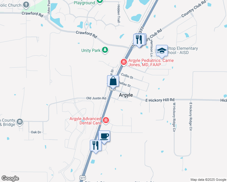 map of restaurants, bars, coffee shops, grocery stores, and more near 512 U.S. 377 in Argyle